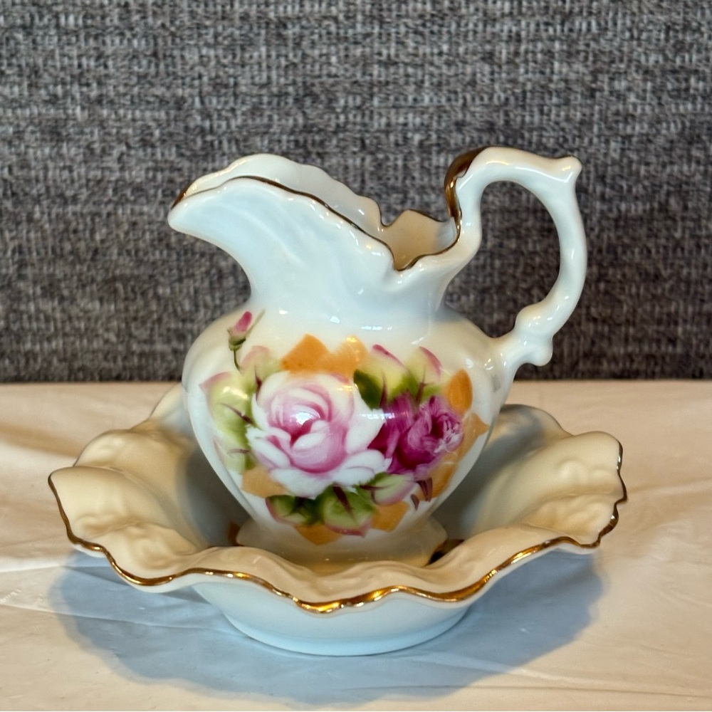 Lefton‎ 4672 Creamer And Underplate Heritage Rose Gold Rimmed Vtg Japan Floral